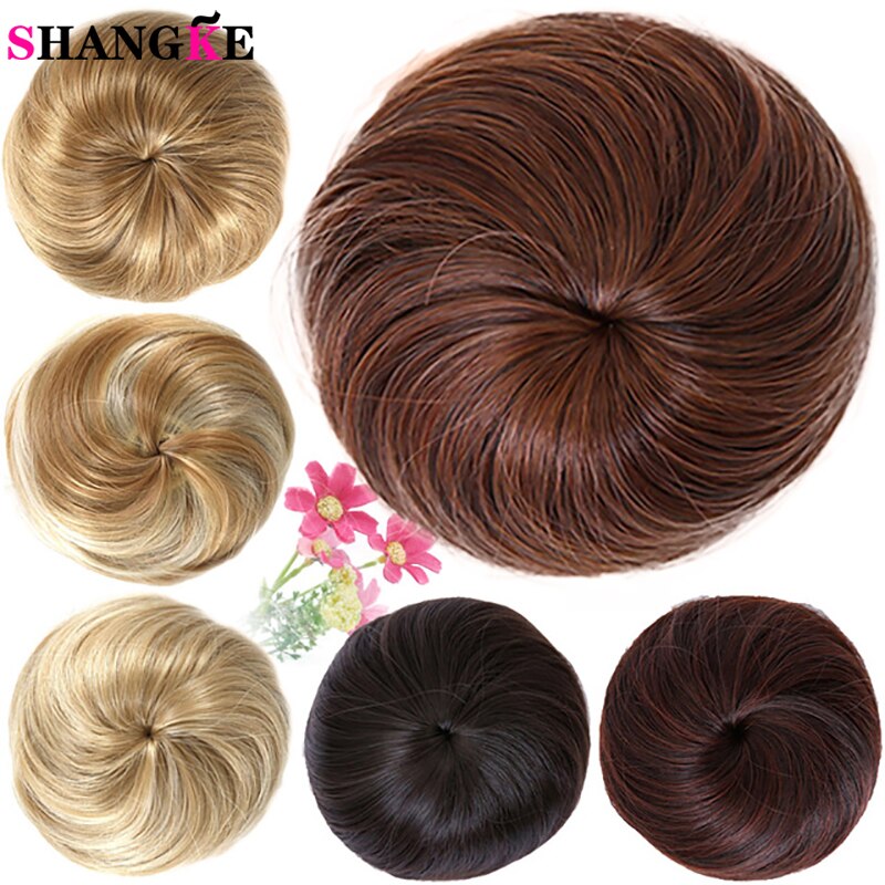 Shangke jenter brunt blondt bollehår chignon syntetisk smultringrulle hårstykker med høy temperatur fiber for kvinner