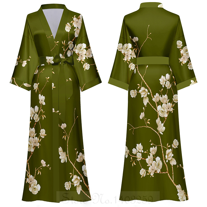 Peignoir kimono à manches mi-longues de style japonais pour femmes, robe longue femme, chemise de nuit, vêtements de nuit, satin imprimé fleuri, robe en span pour la maison