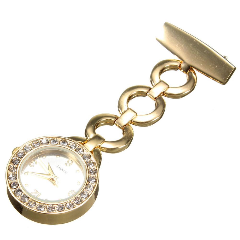 Luxury Rhinestone Round Dial Nurse Watch Brooch Pin Quartz Fob Pocket Watch: Gold