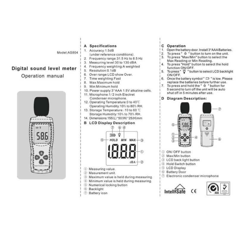 AS804 Digital Sound Level Meter 30-130db Decibel Meter Noise Monitoring Tester Smart Sensor Noise DB Detector Analyzer