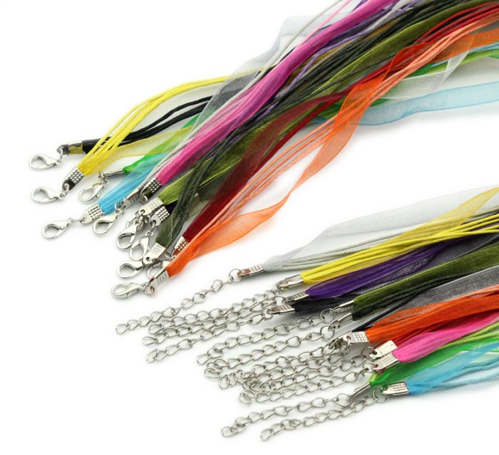 DoreenBeads Retail Organza Ribbon Waxen Cord String Necklaces Lobster Clasp Mixed randomly 17",24PCs