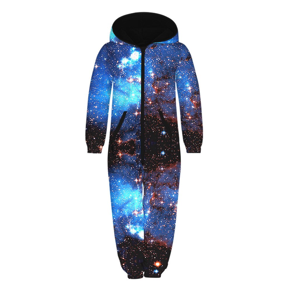 Starry Sky Child Wear Zipper Hooded Sweatpants Loose Fleece Jumpsuit