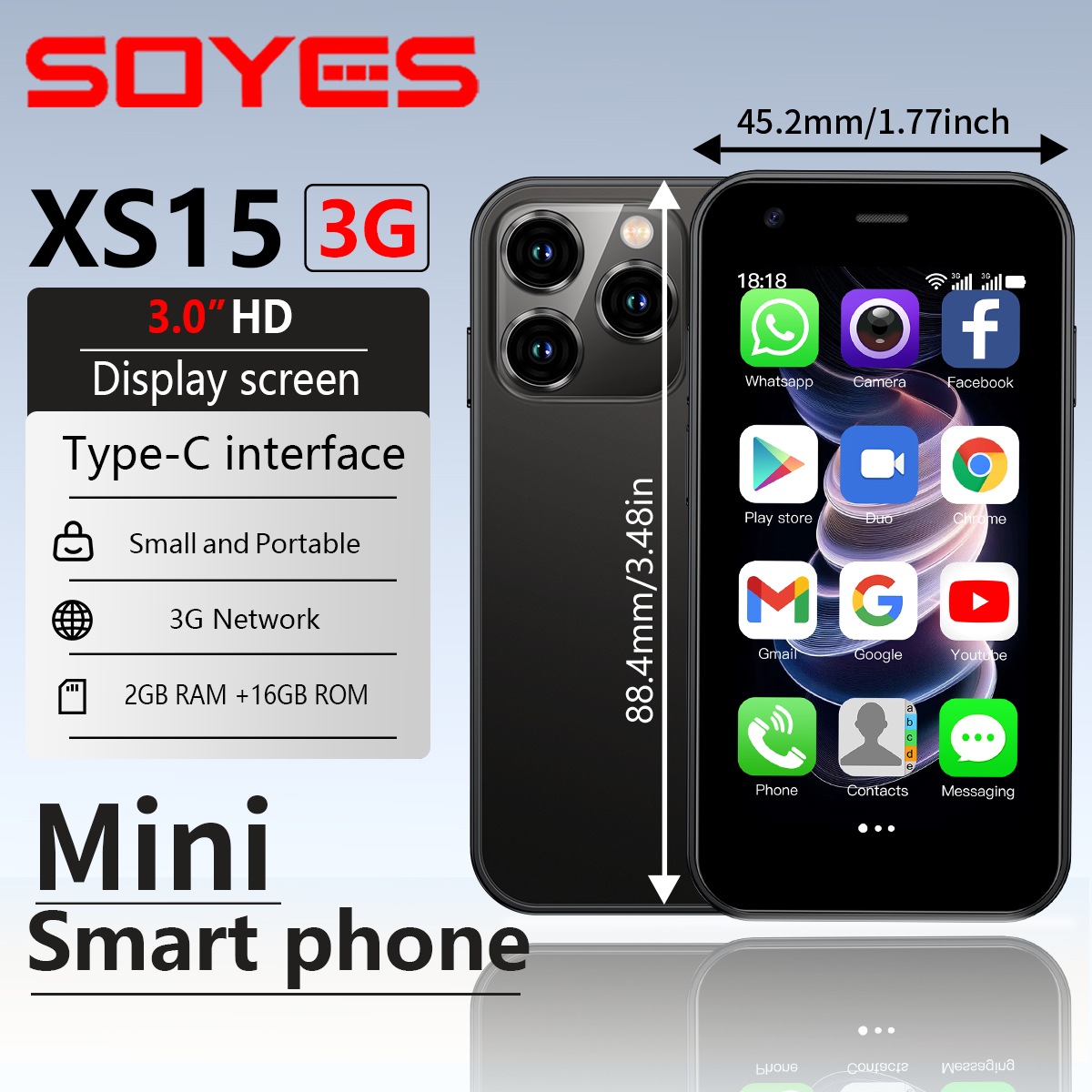 Mini Smartphone SOYES XS15 -3,0 polegadas | SIM dupla | 2 + 16 GB | Google Play | Rede 3G | Telefone de backup infantil ultra portátil