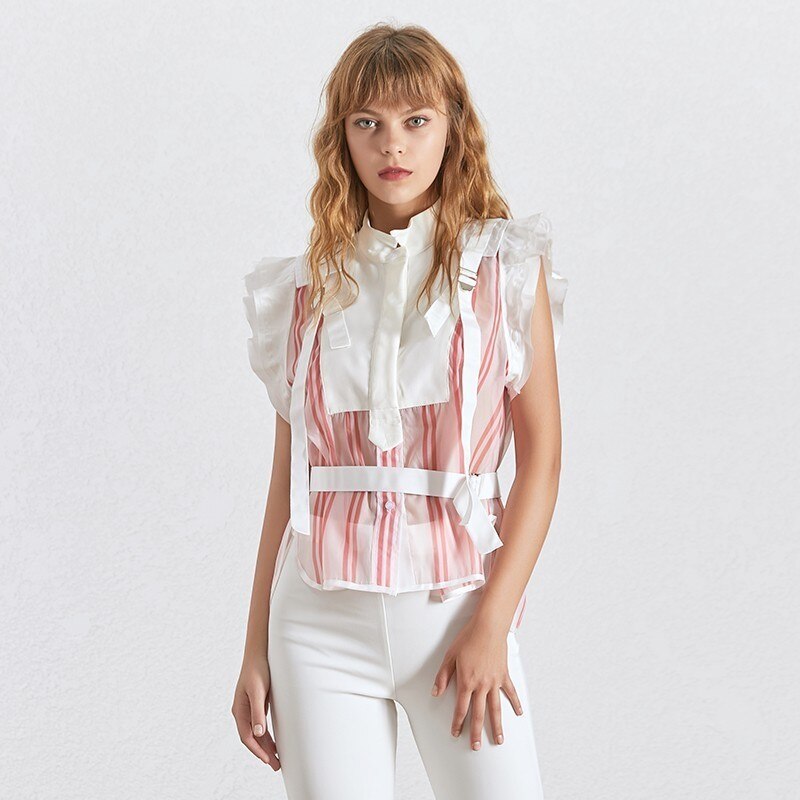 Twotwinstyle raidallinen hihaton naisten pusero seisontakaulus olkapäältä side tunika paita naisten vaatteet kesä