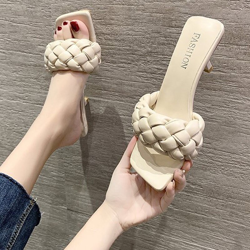 Dames Dunne Hakken Slippers Dames Zomer Slippers Pu Leer Vrouwelijke Waterdichte Mid Hakken Schoenen Vrouw Vierkante Teen Schoen