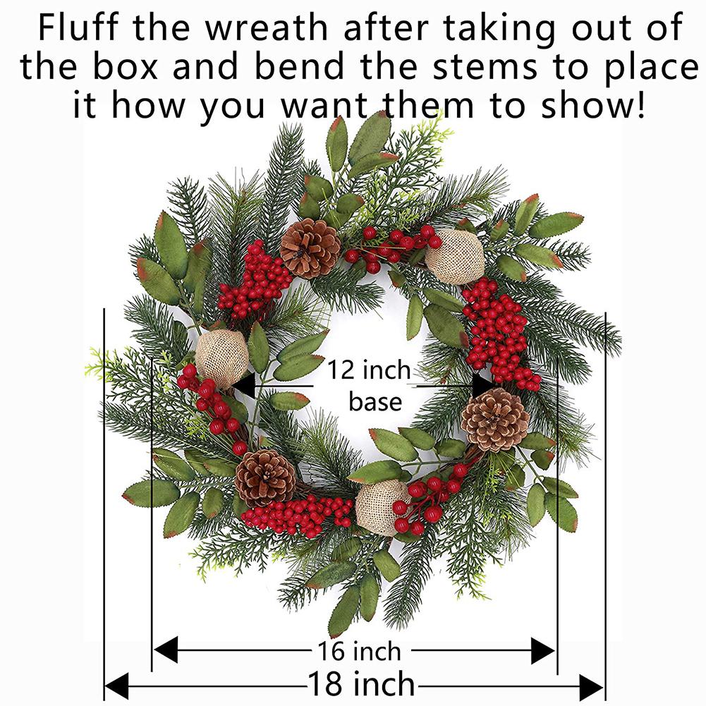 18IN Christmas Wreath Window Door Decoration Advent Garland Red Berries Evergreen Leaves Burlap Ball Christmas Wreath