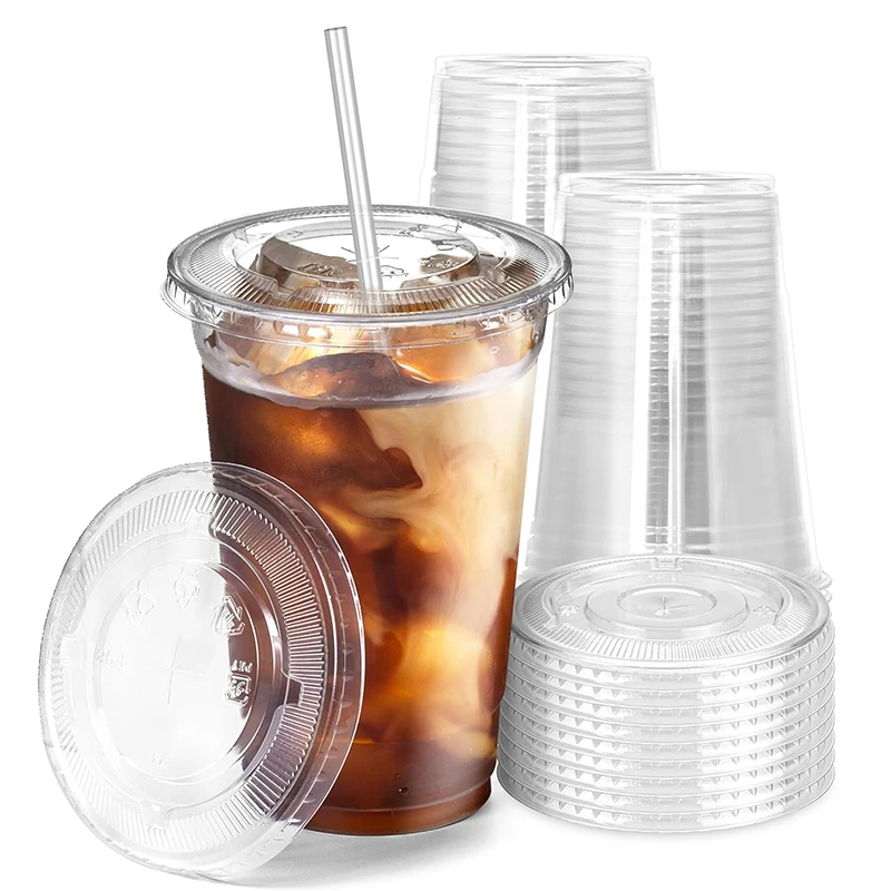 50 stk. 12/16oz engangskopper i plastik med låg til iskaffe, smoothie, milkshake, kolde drikke, fødselsdagsfestartikler