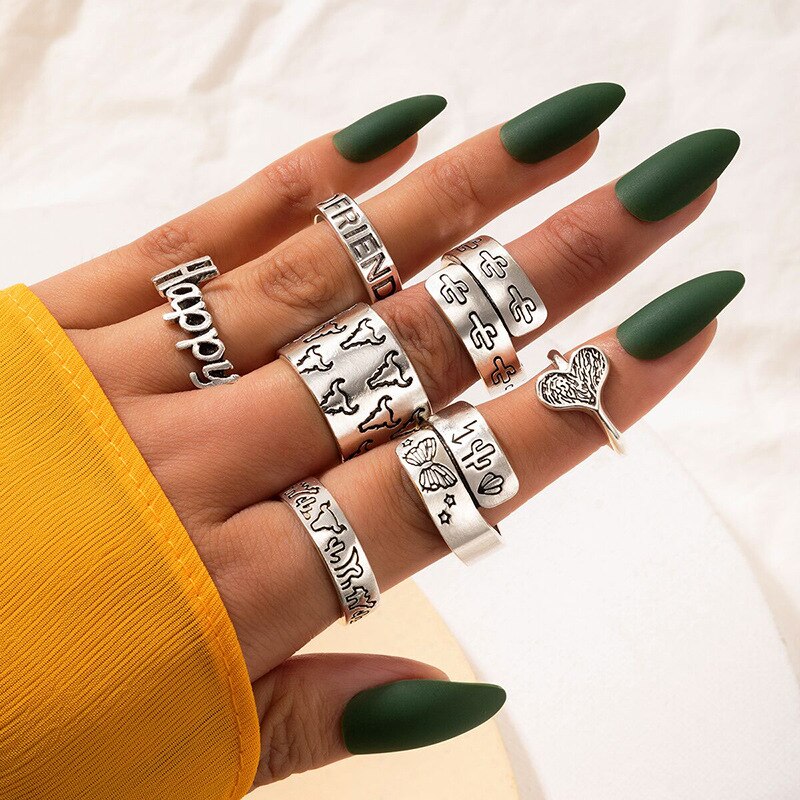 Docona 7 Stks/set Vintage Bull Hoorn Vlinder Ringen Voor Vrouwen Cactus Hart Brief Gelukkig Geometrie Ring Set Sieraden Anillos 20891