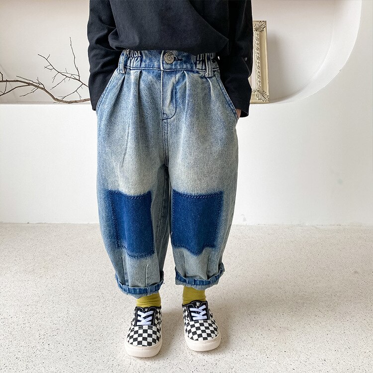 Stile coreano 2022 jeans patchwork moda ragazzi moda pantaloni larghi in denim lavaggio sabbia 1-7Y