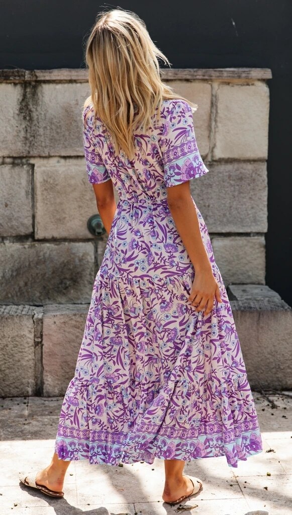 Boho inspirert lilla floral maxi kjole v-hals rayon lilla boho kjole uformell vårsommer kjole til kvinner elegant lang kjole