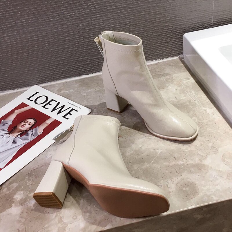 Luxe Vrouwen Beige 7Cm Blok Hoge Hakken Enkellaarsjes Winter Vrouwelijke Vierkante Neus Chelsea Laarzen korte Laarzen