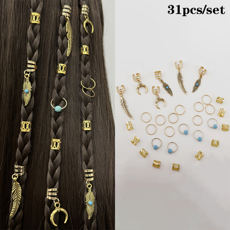 1set Dreadlock Hair Rings Hair Jewelry Cuffs Clip Hair Braids Dirty Braids Bead Hippie Hairpin Accessories Headwear For Women: black