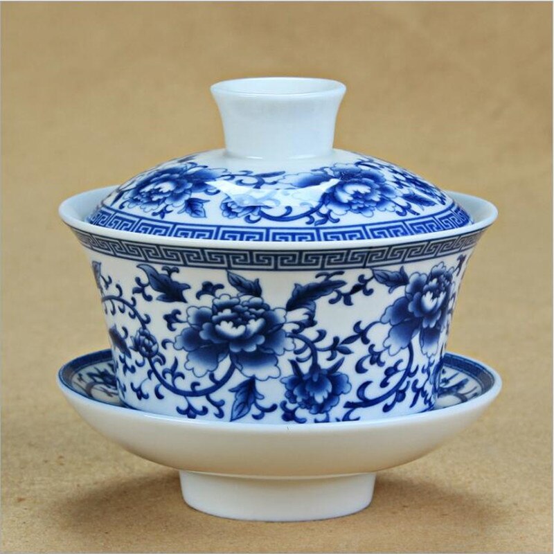 Bol à thé KungFu chinois bleu et blanc | Service à thé bleu et blanc de grande capacité de 300ml, théière Gaiwan, bol de couvercle en céramique, Service à thé: Model A