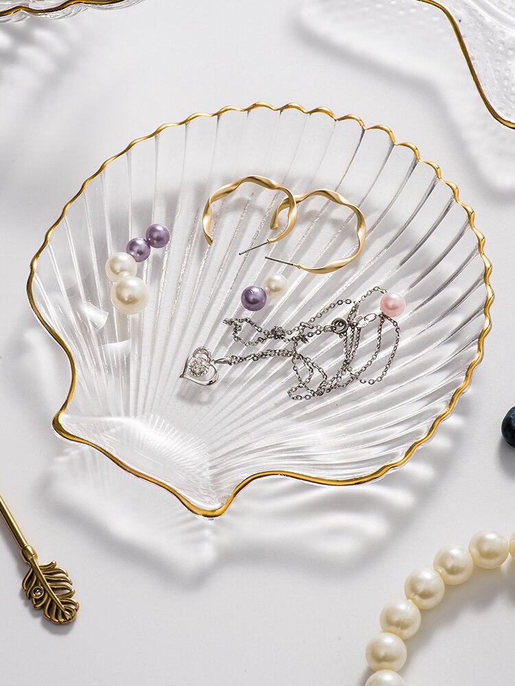 Gylden kant glas plade diy hav konkylie kammusling smykker opbevaring salat plade dessert skål middag plader sushi plade sashimi plade