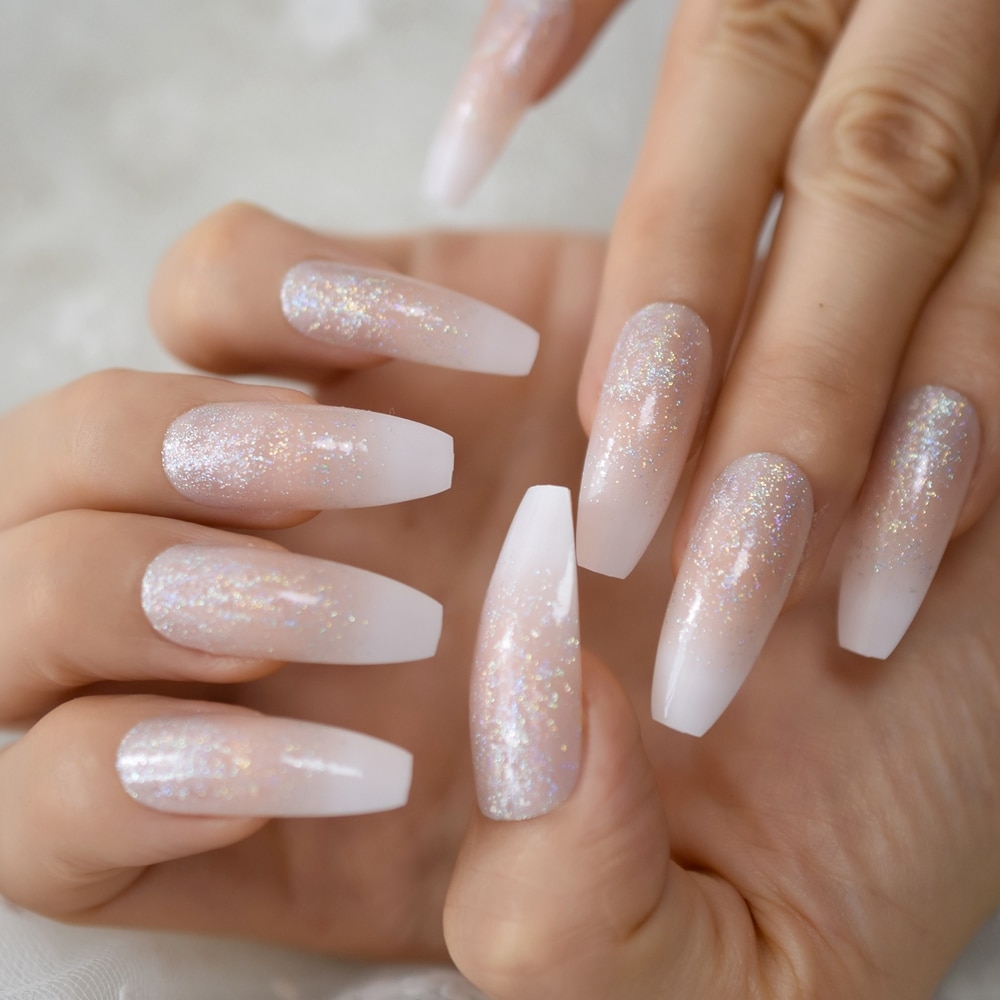 Holografisk faux ongles ombre nautal fransk nagel extra lång kista glitter abs gel fingernagel set 24 ct