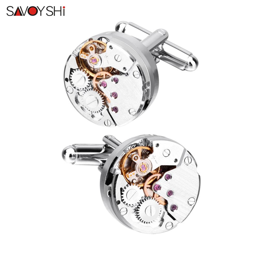 Savoyshi Steampunk Manchetknopen Voor Heren Shirt Zilver Kleur Mechanisch Horloge Beweging Manchetknopen Brand Sieraden