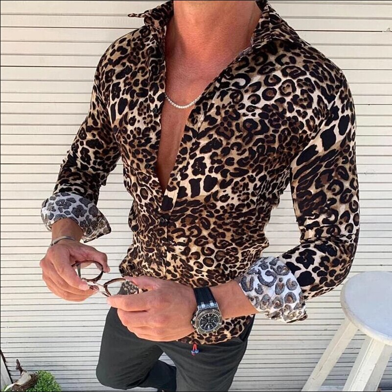 Herre rutete leopard-trykte skjorter uformelle bomull lin skjorte herre topper knapp ned klassisk tees skjorte: leopard / L