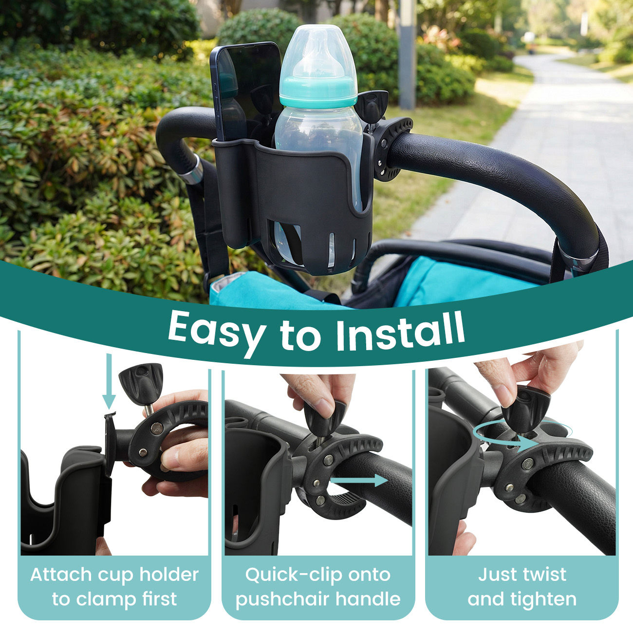 Universele 2-in-1 kinderwagen bekerhouder, 360 graden draaibare klem voor babyfles & mobiele telefoonhouder, kinderwagen accessoire