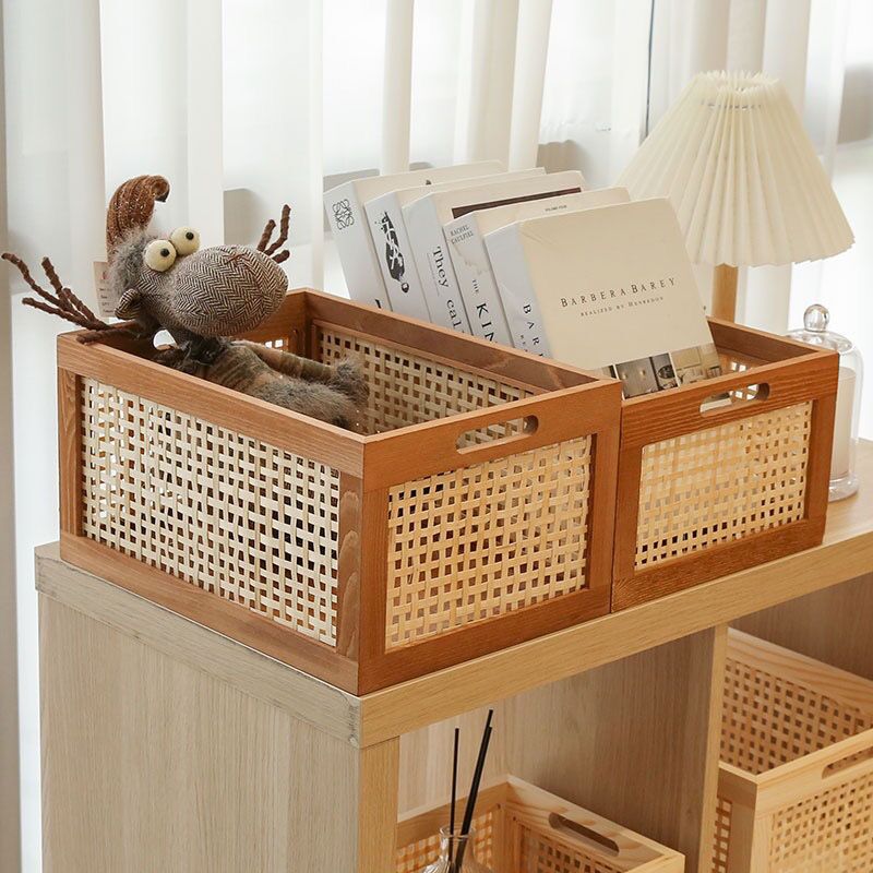 Caja de almacenamiento Retro de madera maciza, cesta de mimbre para escritorio, libros, aperitivos, frutas, cosméticos, cajas organizadoras, cesta de cocina para el baño y el hogar