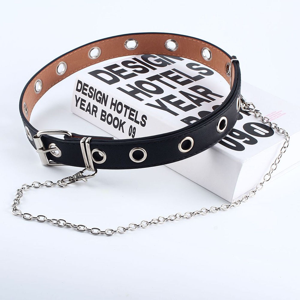 Femmes Punk chaîne ceinture réglable Double/simple rangée trou oeillet ceinture avec oeillet chaîne ceinture décorative