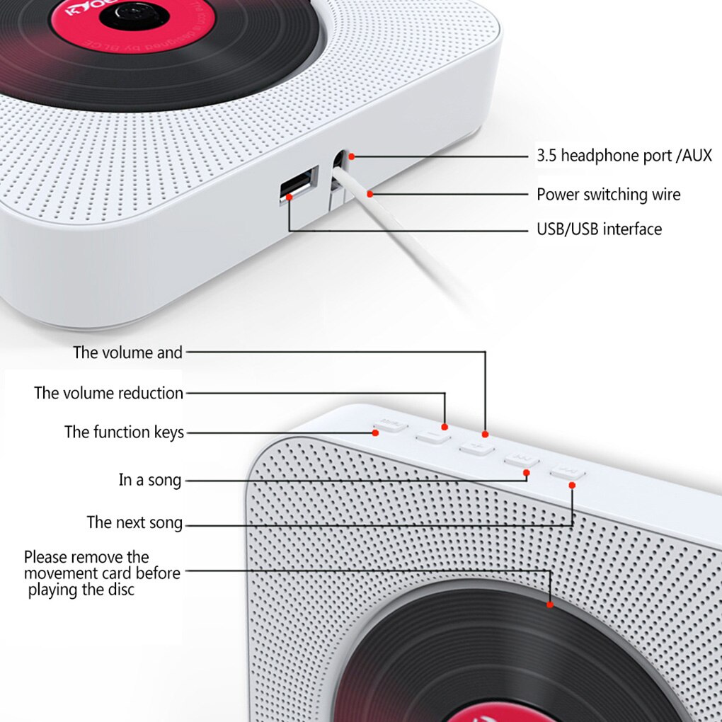 Wall Mounted CD Player Surround Sound FM Radio Bluetooth USB MP3 Disk Portable Music Player Remote Control Stereo Speaker
