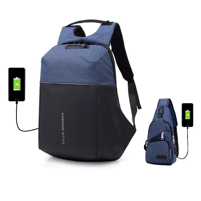 Men's USB rechargeable password lock anti-theft backpack busines computer backpack Teenager Students Travel School Bag: Set 5