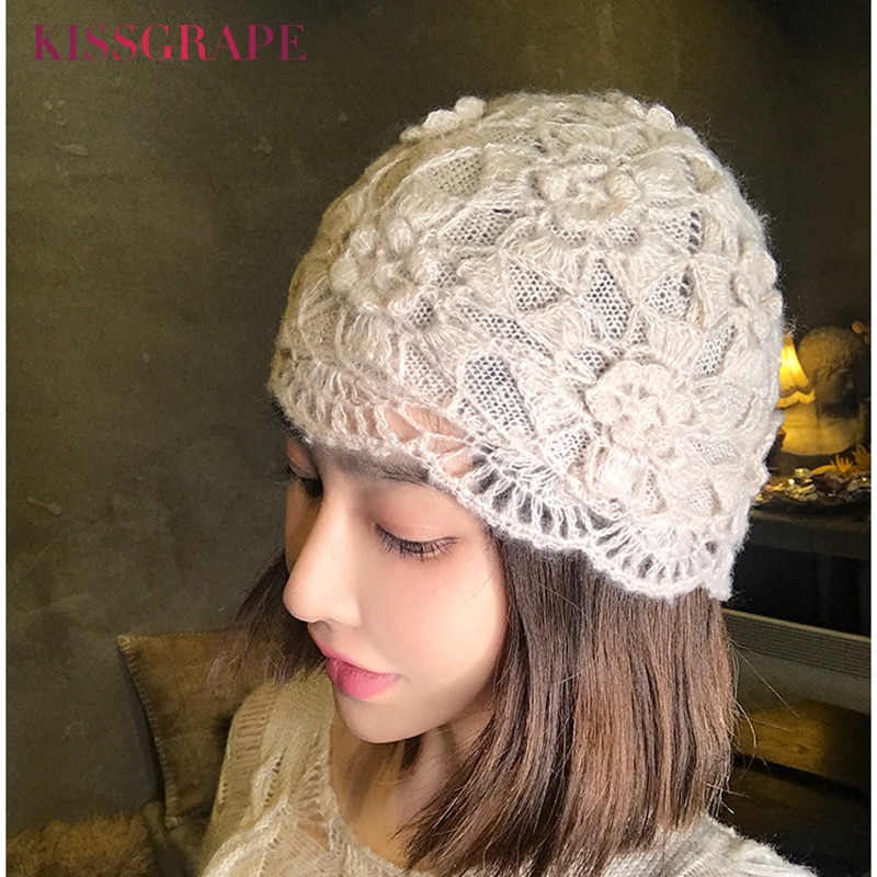 Härliga vinter virkade hattar för kvinnor mössor mössor blommor handgjord stickad hatt kvinnlig spets hatt chapeu feminino gorras