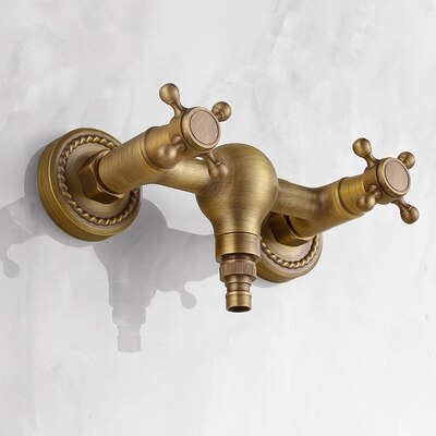 Antique Brass Wall Mounted Washing Machine Faucets G1/2, G3/4 Double Handles Single Hole Cold and Water Mixer Tap Bibcock: Gourd body type