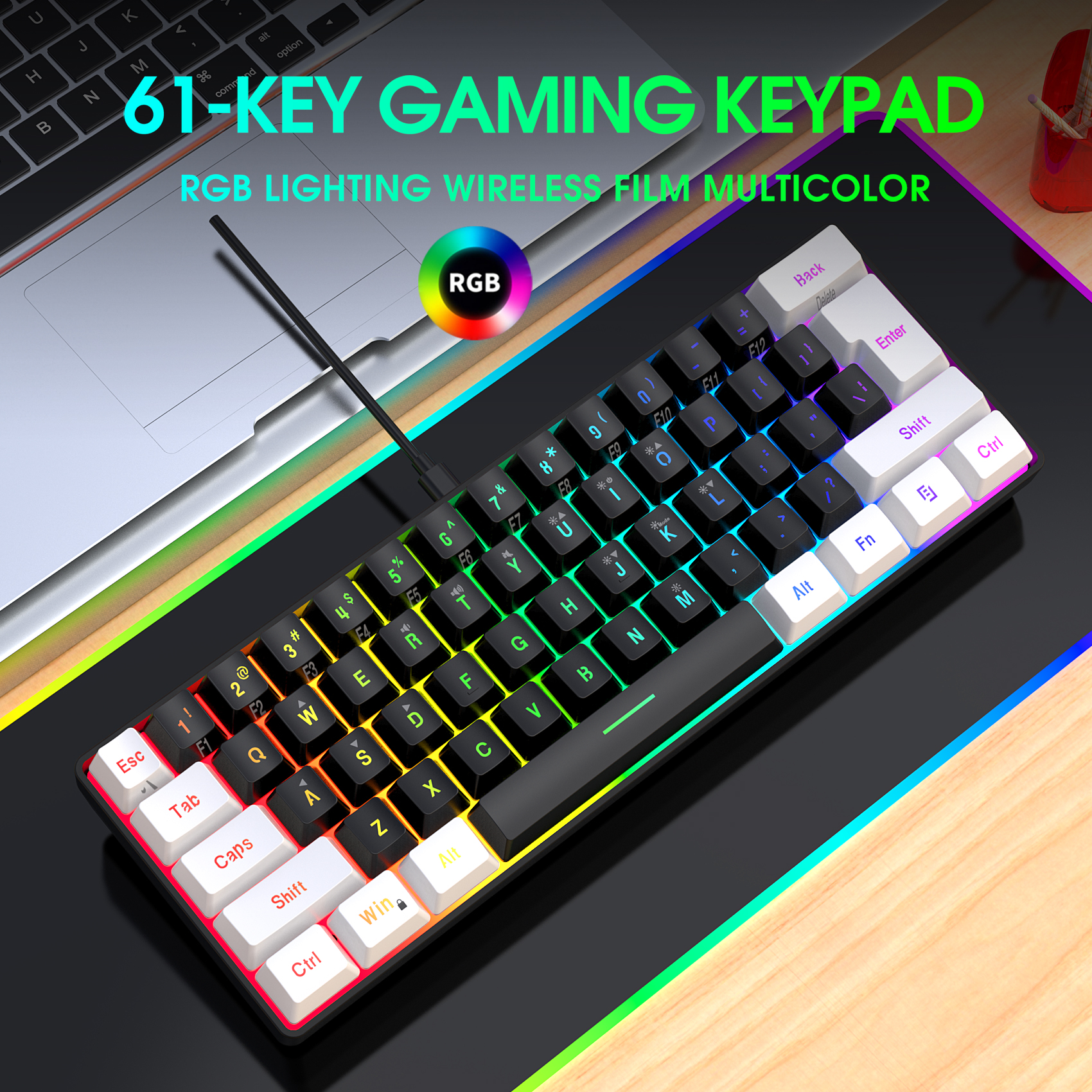 portable 61 key gaming keyboard 60% mini Gamer RGB backlit wired keyboard for laptop desktop computer pc