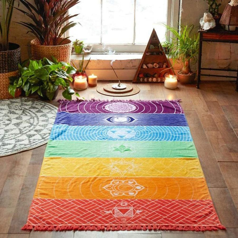 Bohemen Muur Opknoping India Mandala Deken 7 Chakra Gekleurde Tapestry Regenboog Strepen Reizen Strand Yoga Mat Polyester