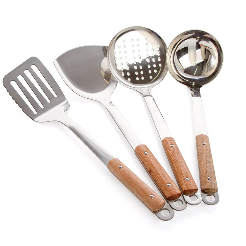 Espátula para freír, utensilios de cocina y olla , cuchara para revolver, pala Vanzlilfe, mango de cocina de madera de acero inoxidable