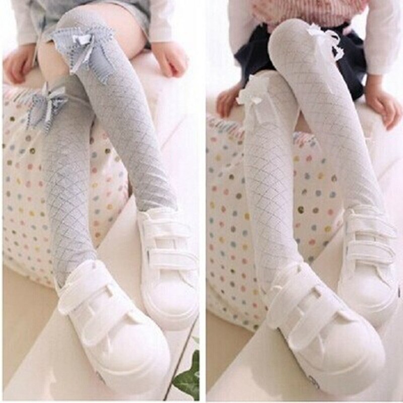 1 Pair Girls Socks Knee High Bowknot Plaid Style Children Kids Causal Elastic Socks Solid Colors For 2-8 Years Girls