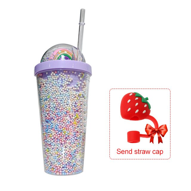 550ml Kawaii Cute Drinkware Rainbow Foam Straw Cup Girl Home Office Water Bottle Plastic Double Layer With Straw Girl: purple