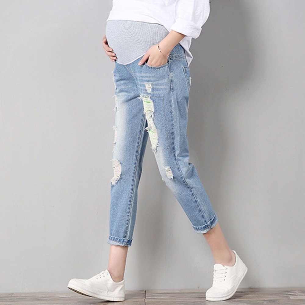Mamma bekväma blå bomulls jeansbyxor amning graviditetskläder overall byxor jeans gravida kvinnor kläder