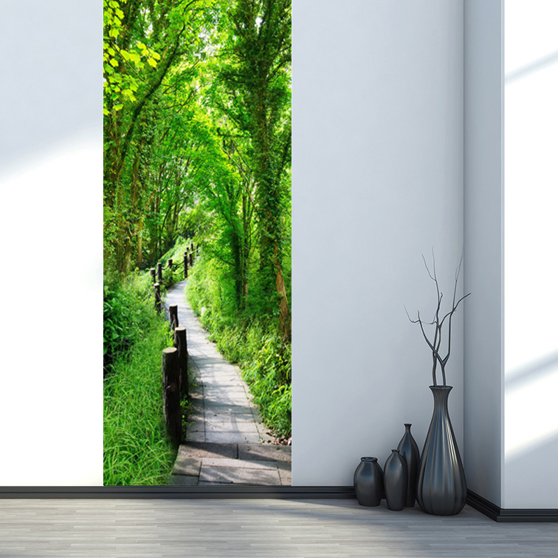 Green Forest Path Landscape Door Sticker Living Room Hotel PVC Self-Adhesive Waterproof Wallpaper 3D Door Decals Papel De Parede