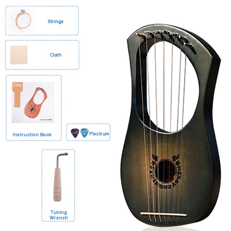7 Strings Lyre Harp Mahogany Wood Come With Instruction Tuning Wrench Plectrum Cloth Greek Small Instrument Special Musical: Antler Balck