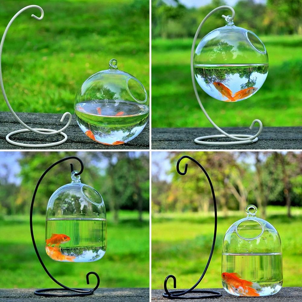 Rund/rektangulær form hengende glass akvarium fisk tank fiskeskål gjennomsiktig vase ornament med stativholder hjemdekorasjon