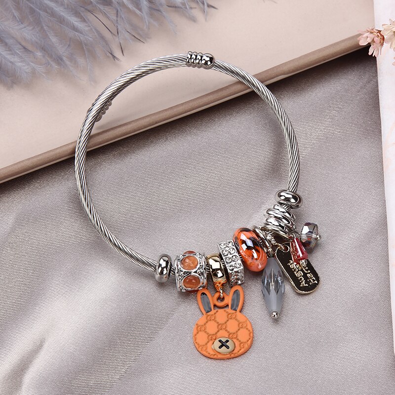 Roestvrijstalen armbanden voor dames sieraden kristal kralen bedels armband bloem dieren hanger armband meisjes: G