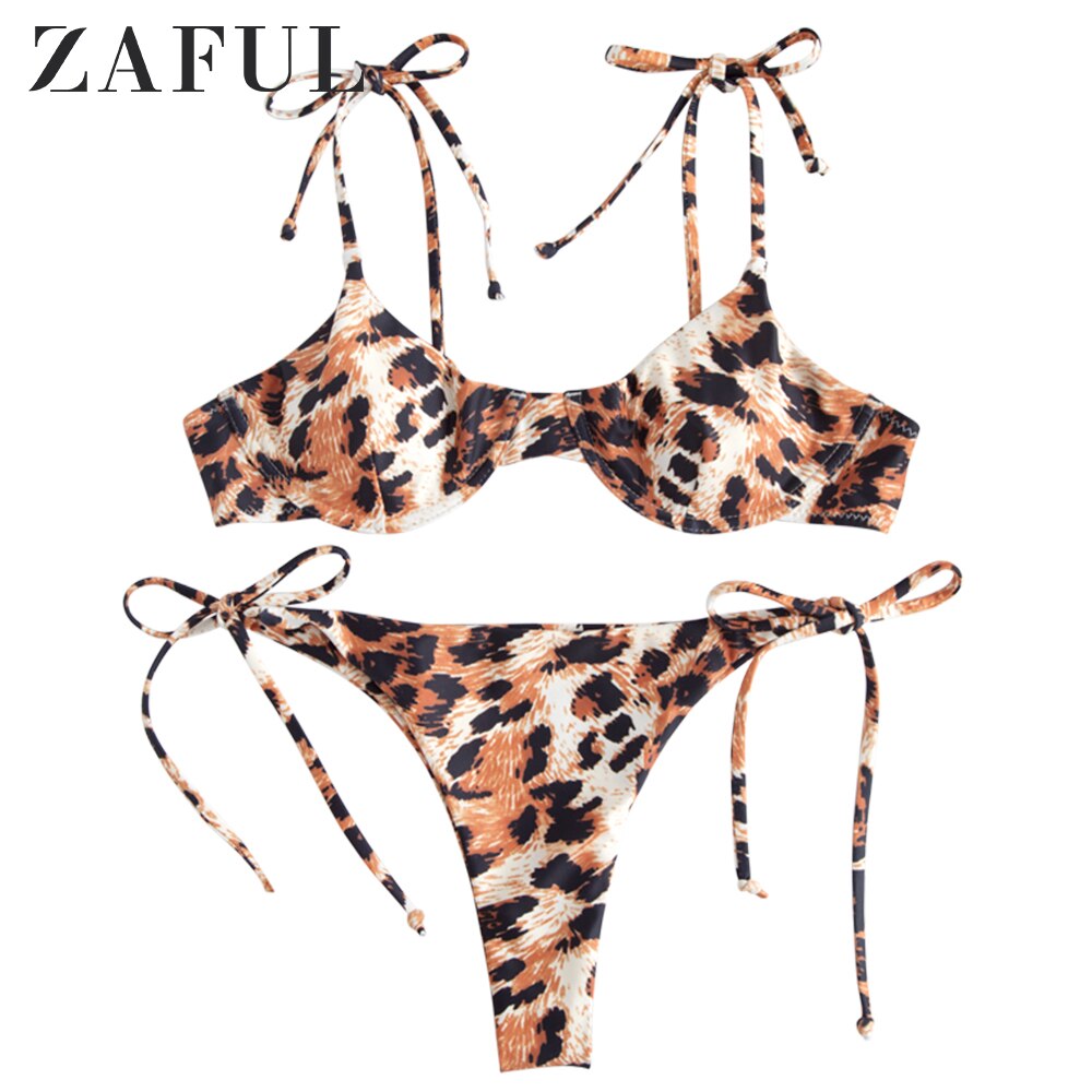 ZAFUL – maillot de bain imprimé léopard pour femmes, ensemble Bikini à armatures, taille basse, bretelles Spaghetti, rembourré, Sexy