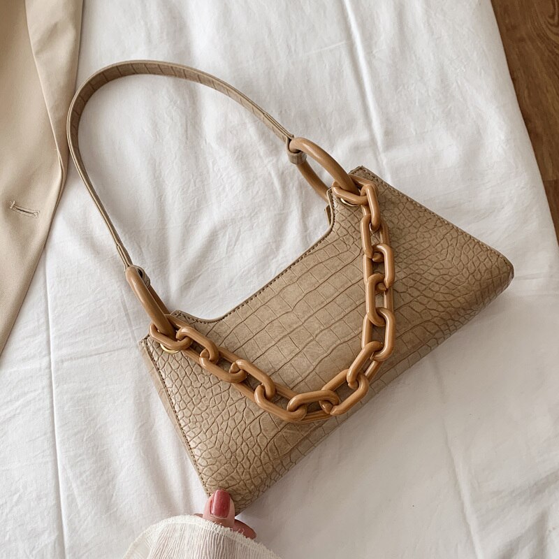 Petits sacs à bandoulière pour femmes en cuir PU, à chaîne épaisse, , sac à main motif Crocodile,: Kaki