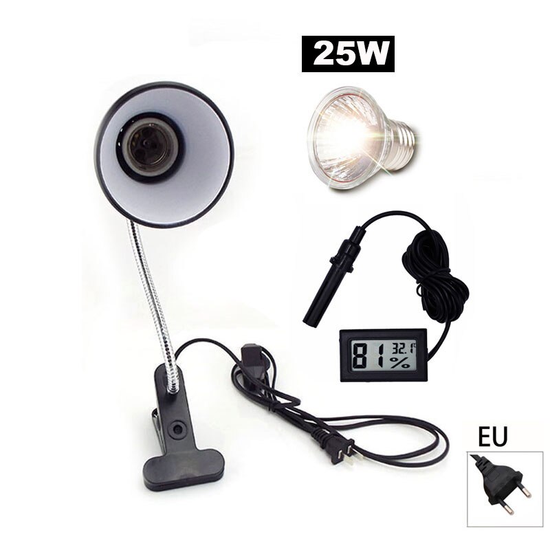 Set di portalampada per rettili UVA UVB con termometro a Clip igrometro lucertola tartaruga tartaruga Basking lampadina riscaldante 220V: 25W EU Set B
