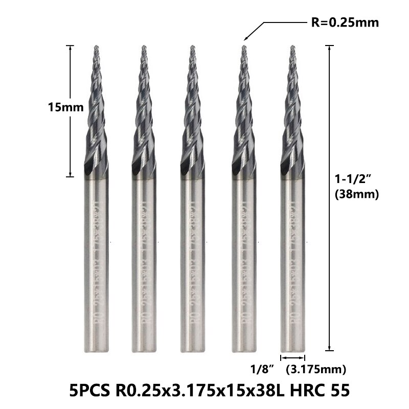 Xcan konisk kuglenæse endefræser 1/8 '' (3.175mm)  skaft supercoated hårdmetal fræser 5 stk sæt træ metal graveringsbit: R0.25 hrc 55