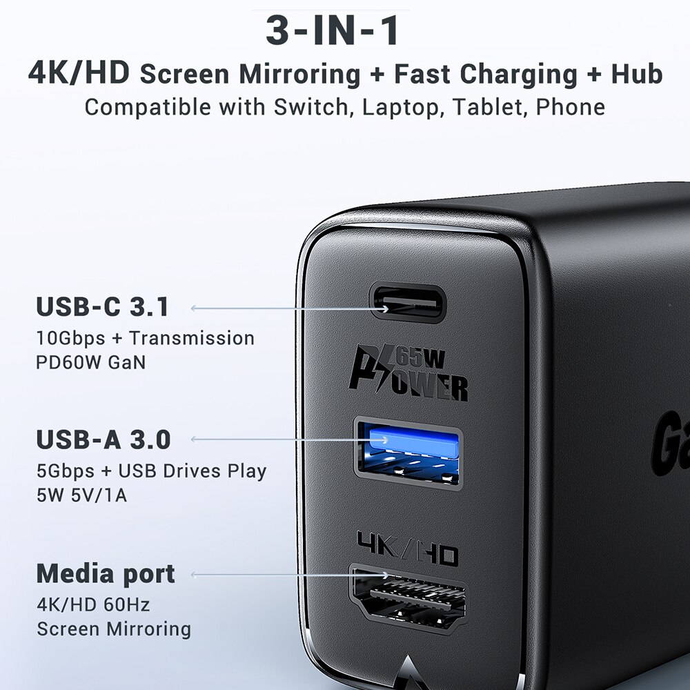 ACEFAST-estación de acoplamiento de TV Compatible con HDMI, cargador portátil GaN de 65W, 4K/60Hz, para Switch, 3 puertos tipo C, QC3.0, Notebook