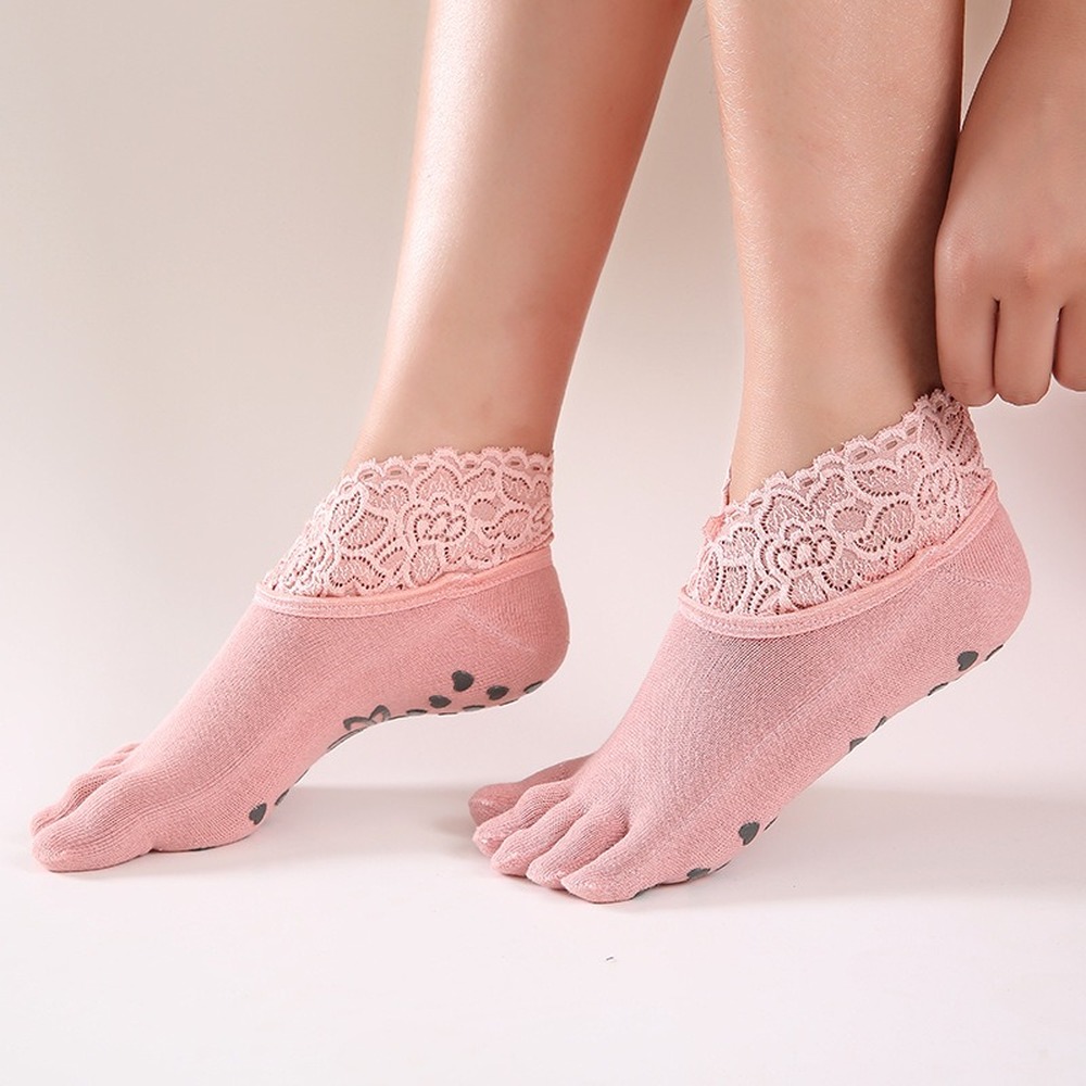 1 pair Women Yoga Five Toe Anti-Slip Ankle Grip Socks Dots Pilates Fitness Gym Socks Ladies Sports Socks With Lace