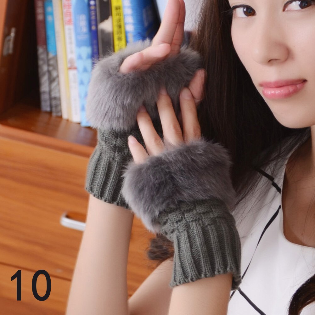 Gants d&#39;hiver en fausse fourrure de lapin pour femme, couleur unie, couvre les manches, plus , sans doigts, tricoté, mitaine, à la: 10