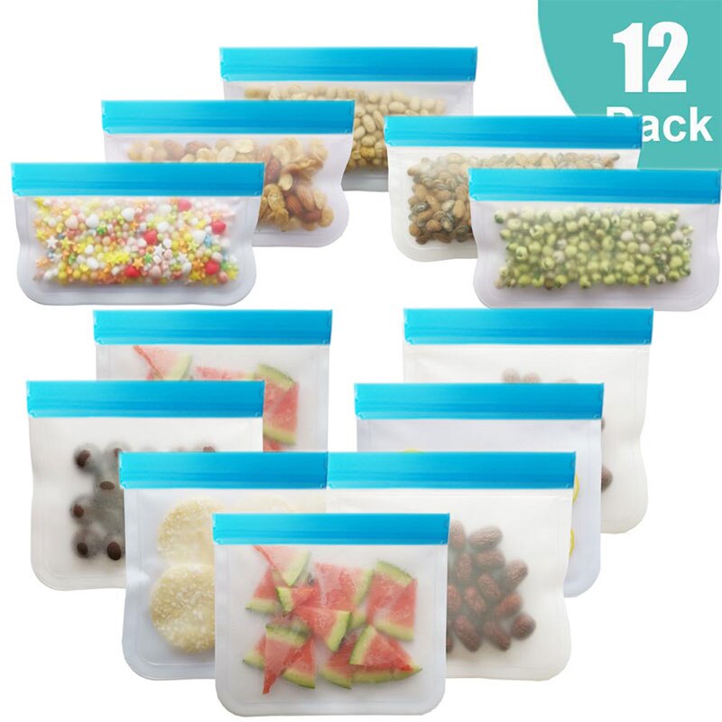 10 Stks/set Blauwe Voedsel Opbergtas Frosted Peva Ziplock Zakje Herbruikbare Voedsel Verse Zak Lekvrij Keuken Silicone Voedsel Opbergtas: 12Pcs Blue