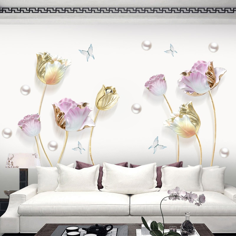 3D Tulip Flower Butterfly Wall Stickers Removable Vinyl Living Room TV Background Hallway Bedroom Wall Art Poster DIY Home Decor