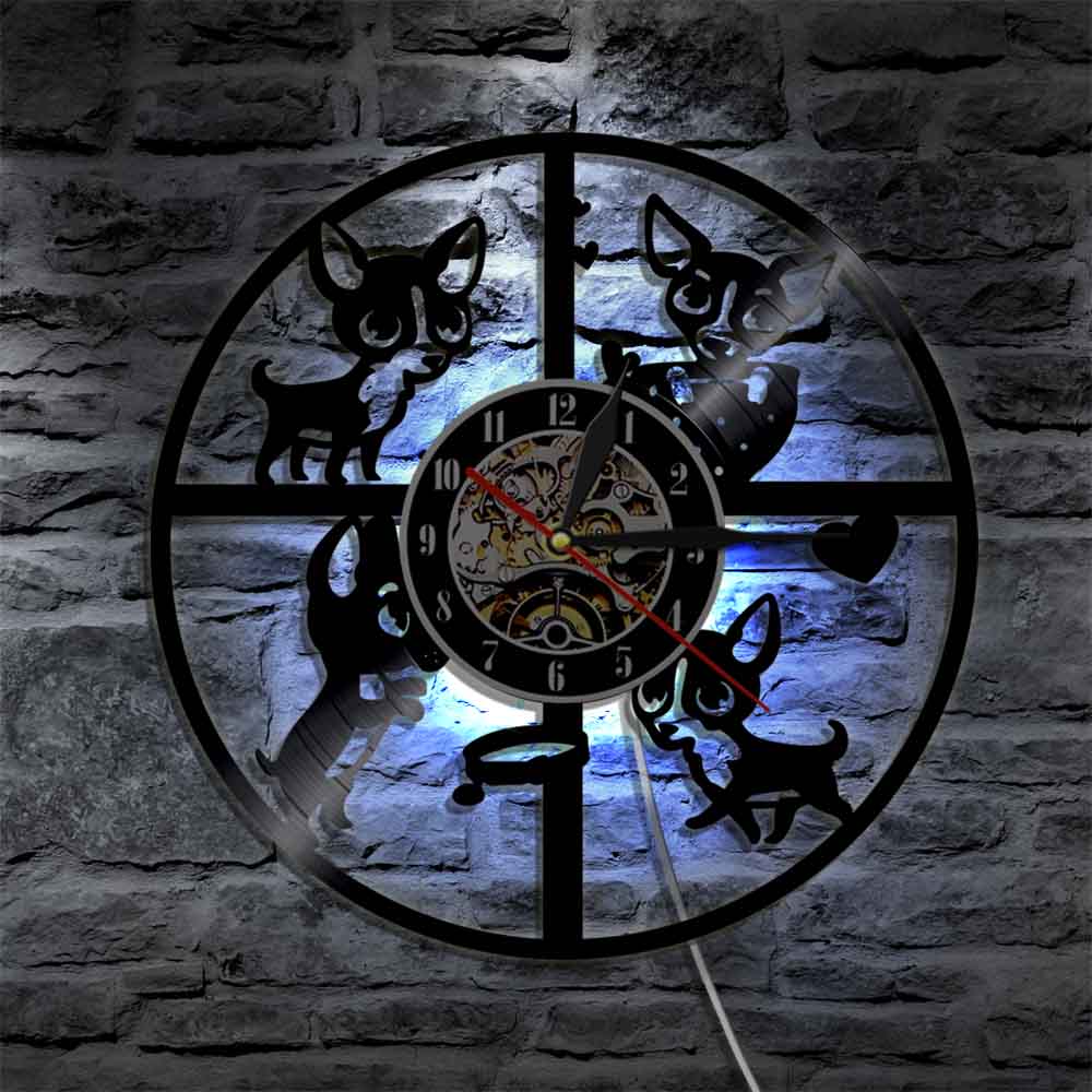 Cute Chihuahua Dog wall clock Chihuahua Dog Silhouette Vinyl Record Wall Clock Animals LED Night Light For Puppy Lover: with led light