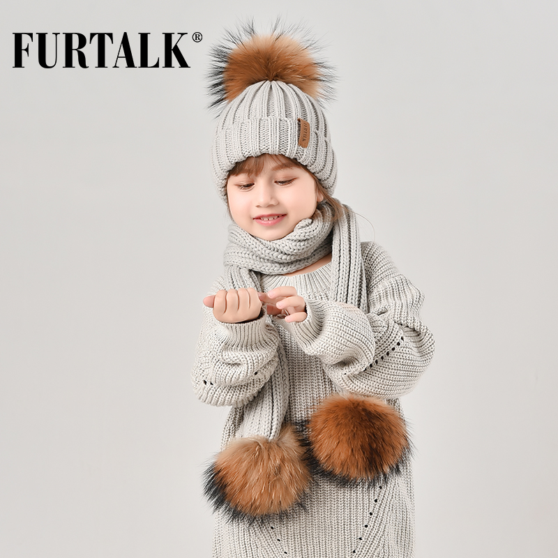 FURTALK Winter Kinderen Hoed Beanie Echte Wasbeer Bont Pompom Hoed en Sjaal Meisjes Bont Hoeden Jongens Caps Sjaals HTWL029