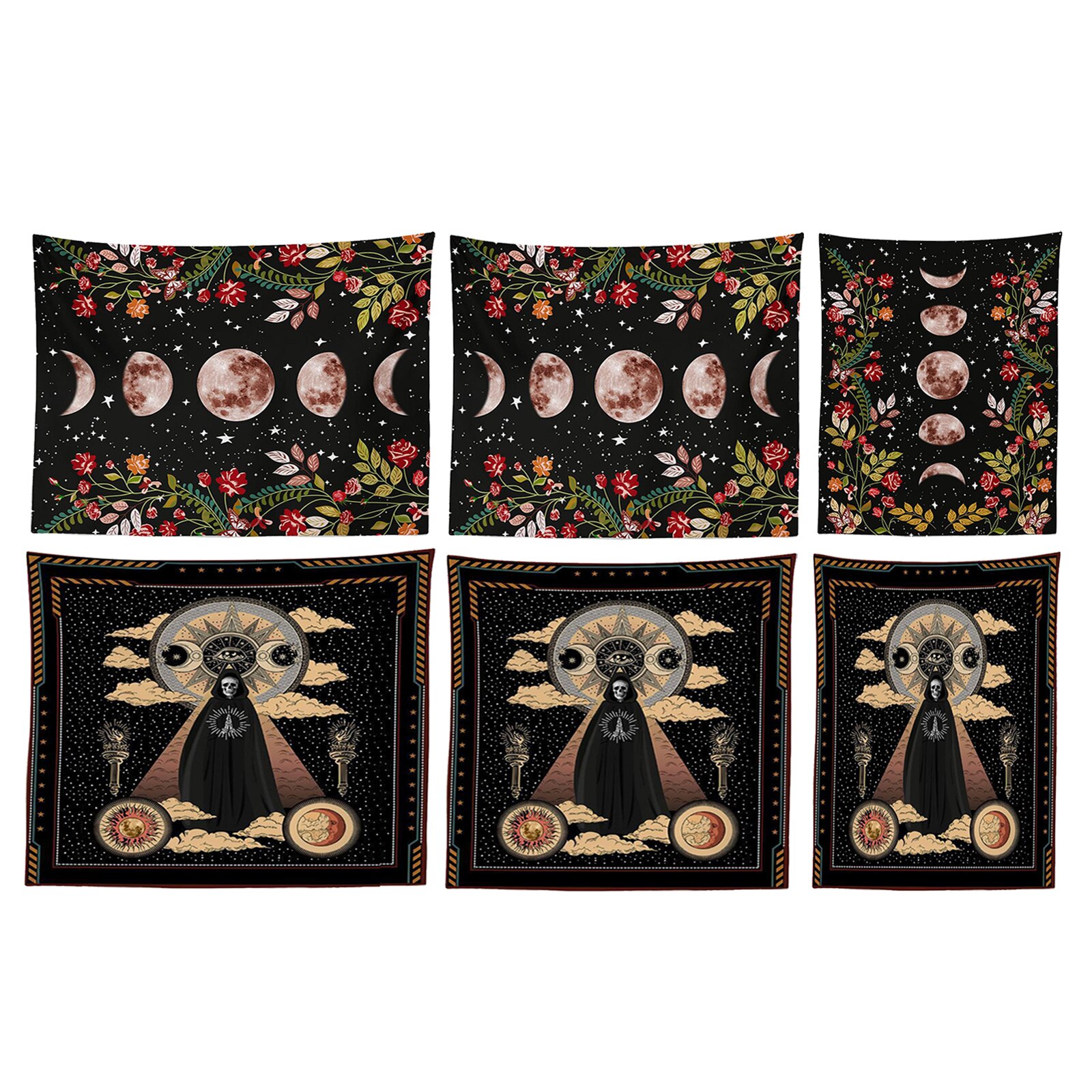 Garden Tapestry Moon Phase Surrounded by Vines and Flowers Black Wall Decor Tapestry